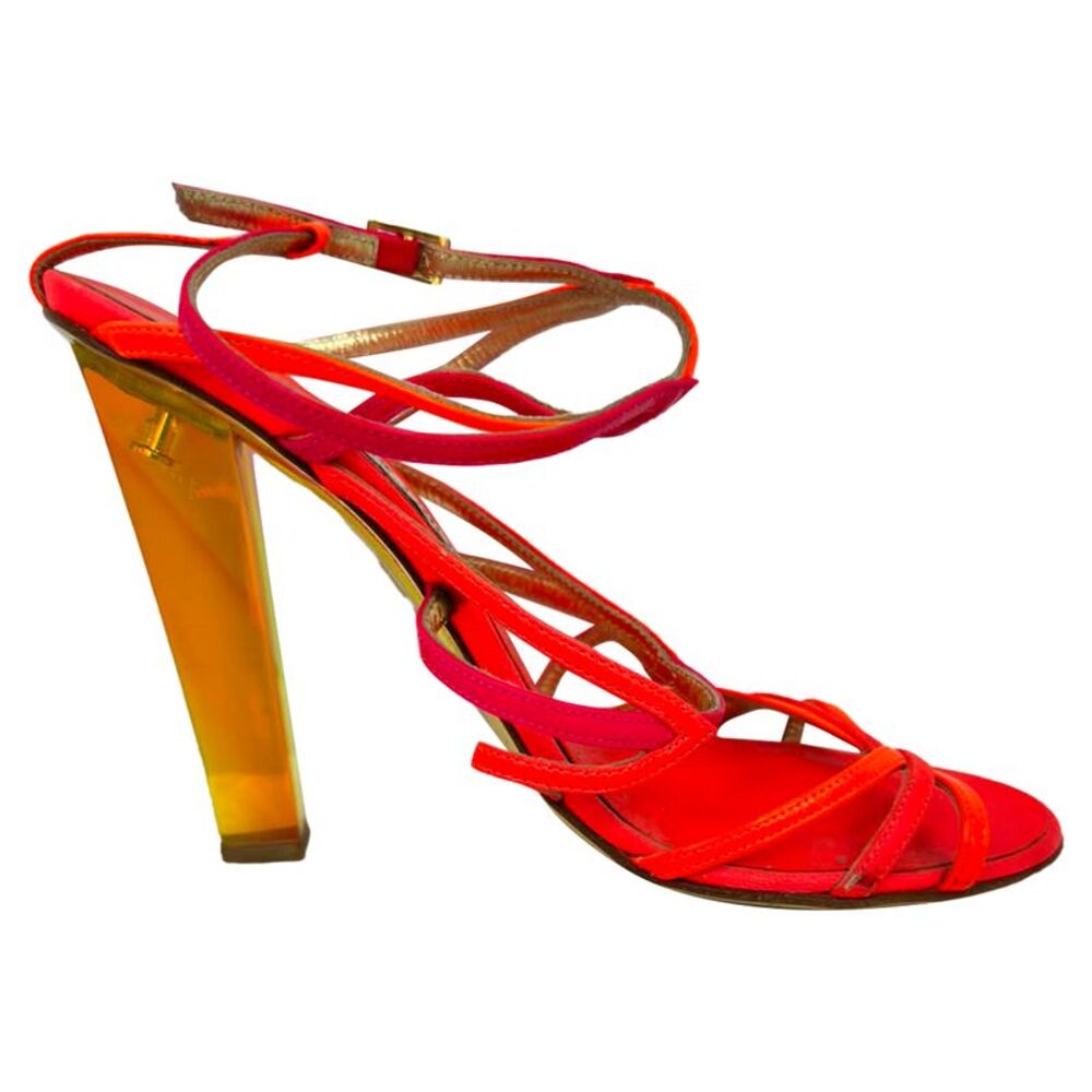 Jimmy Choo Strappy Sandal Heels in Neon Orange and Pink Leather